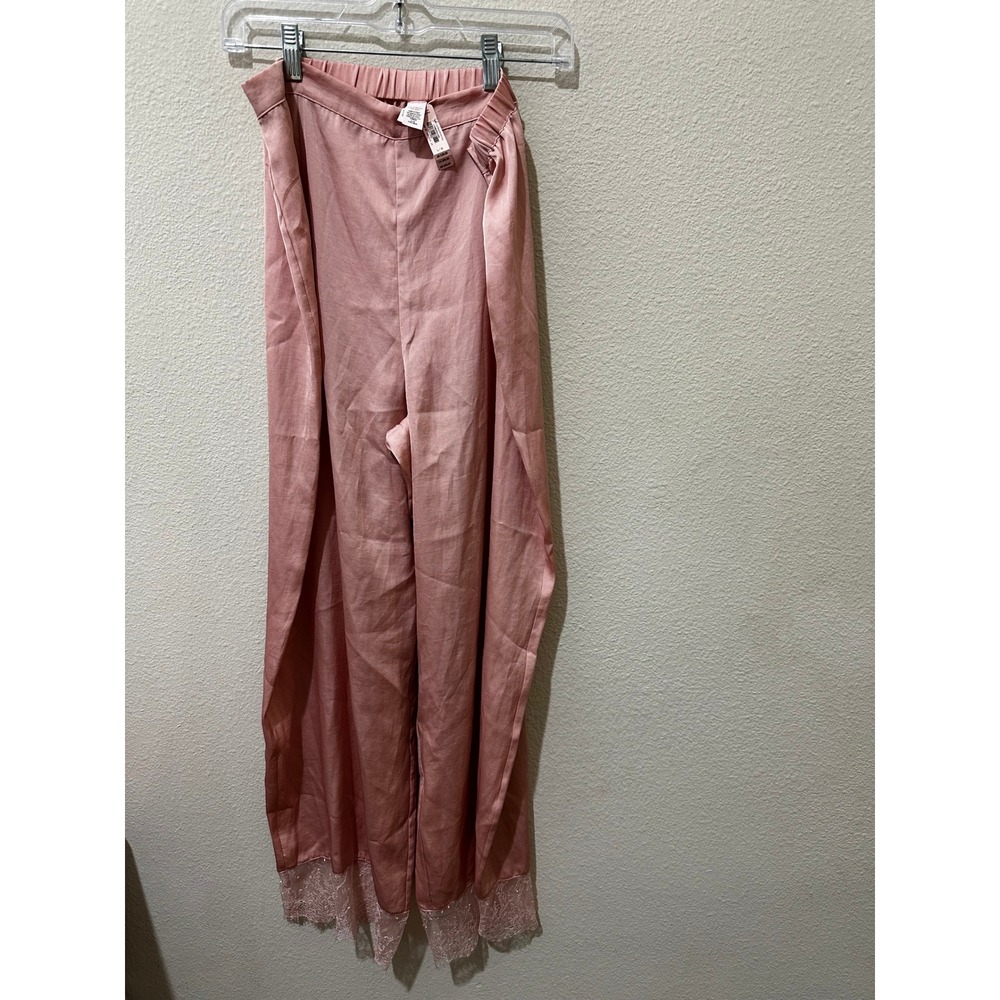 Victoria's Secret Pajama Pants Womens Large Pink Satin Lace Trim Wide Leg Sleep